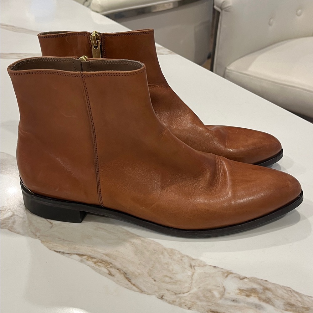 Cognac Brown Leather flat Ankle Boots with gold heel detail and inside zip
